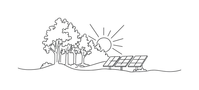 "Sustainable Landscape". Minimalistic one-line drawing small solar array near a forest clearing with sunlight