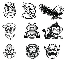 Obraz premium A high-quality collection of nine vector mascot illustrations featuring an eagle, a robot, a lion, a monkey, and various fantasy creatures.