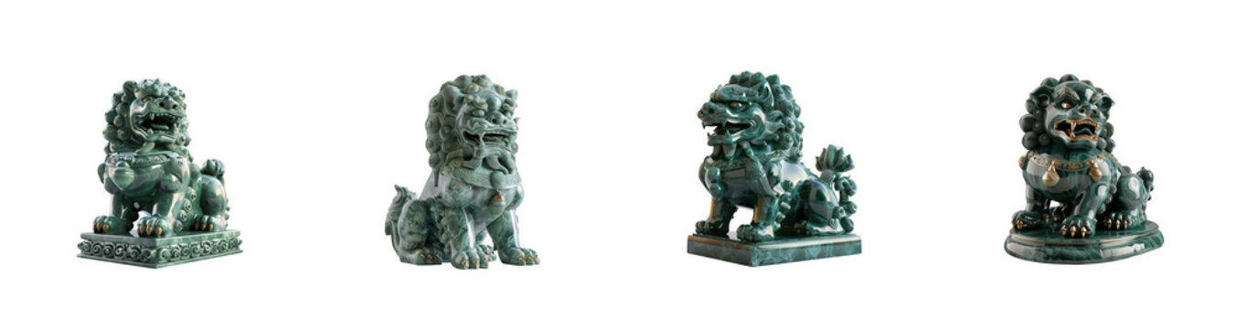 Four green jade foo dog statues, asian culture protectors, statue, jade isolated on transparent background