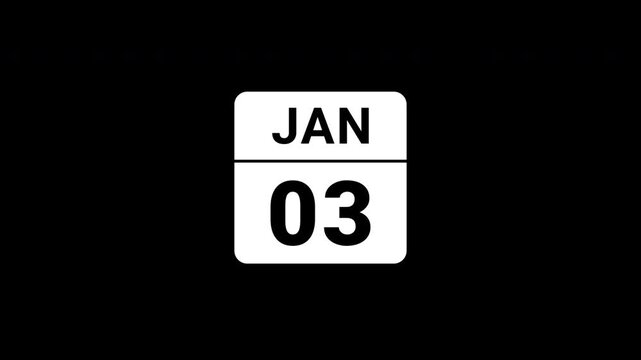 Animated Calendar Icon January 3rd Date White Isolated On Black Background