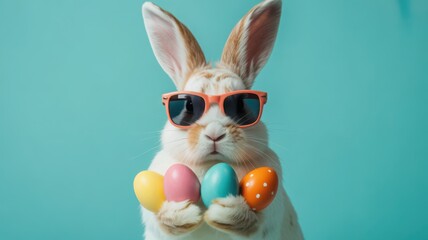 Fototapeta premium Easter bunny wearing sunglasses holding colorful eggs