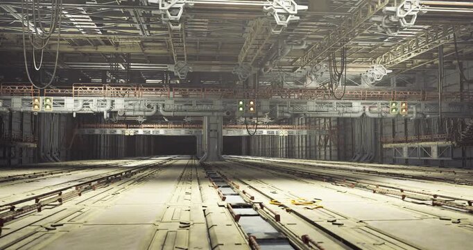 Complex lighting setup, Elaborate overhead illumination framework, Intricate overhead lighting and rigging system with textured ceiling surfaces