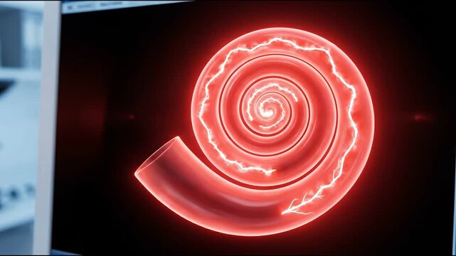 Medical animation showing tinnitus in ear canal concept. Close up of glowing red spiral shape on computer screen with electric light effect