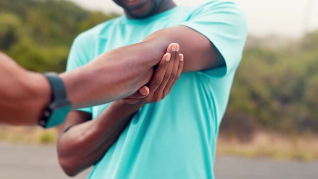 Hands, elbow injury and joint pain with massage for training, workout or exercise accident. Sports, fitness and athlete man or runner with fibromyalgia, inflammation or tension for jog on mountain