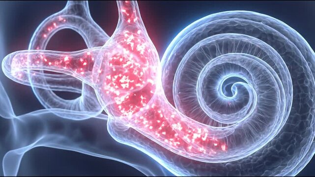 Medical animation showing tinnitus in ear canal concept. Detailed 3D illustration of human inner ear cochlea and auditory nerve with glowing neural signals for hearing science