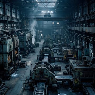 Abandoned industrial factory with machinery and smokestack in dark dimly lit warehouse, labor day concept