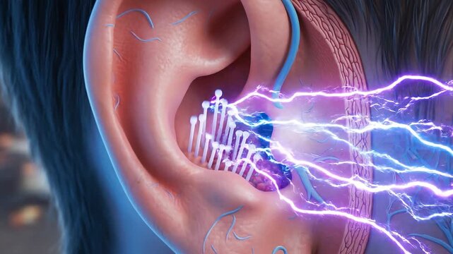 Medical animation showing tinnitus in ear canal concept. Close up view of human ear with electric energy effect illustrating hearing nerve stimulation