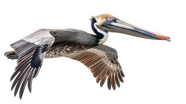 Brown pelican in flight, wings extended,, pelican, bird, flight isolated on transparent background