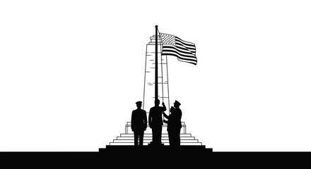Obraz premium Patriotic Salute: Silhouettes of Soldiers Raising American Flag at Monument