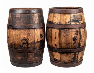 Fototapeta premium Two Weathered Vintage Wooden Barrels Side by Side Isolated