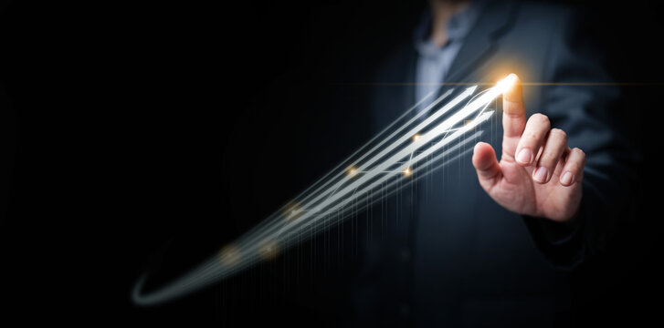 Rapid growth and success concept. Man draws multiple arrows pointing upward. Growing business, finance, investment, economy, career, mindset, personal development, banking, stock market, technology