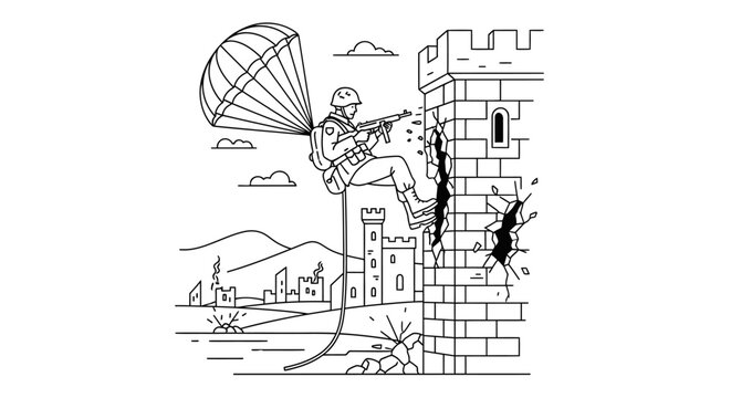 Soldier parachuting onto castle wall, military action, war, battle, strategy, tactical