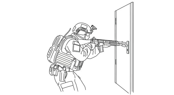 Special Forces Soldier Breaching Door with Rifle, Tactical Operation, SWAT Team Member