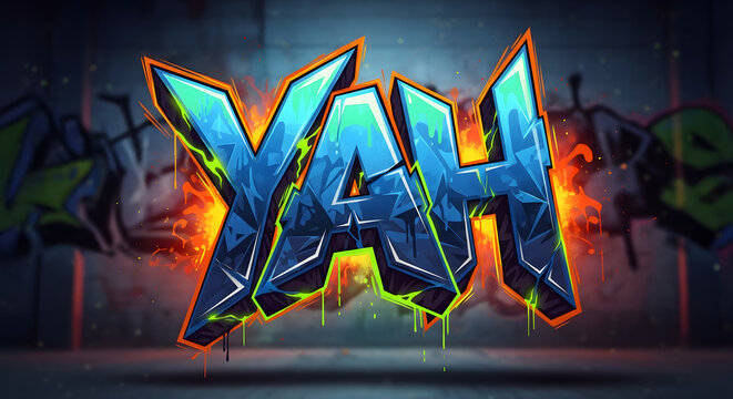 Vibrant and colorful 3D graffiti art featuring the word YAH with dynamic splatters on an urban background