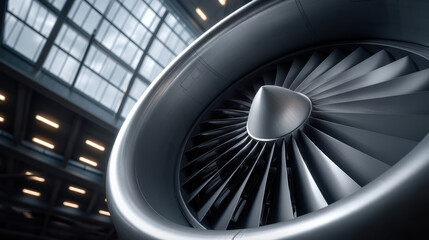 Fototapeta premium Large jet engine close up, metallic turbine blade, industrial hangar, modern aviation technology, high fidelity detail, powerful engineering