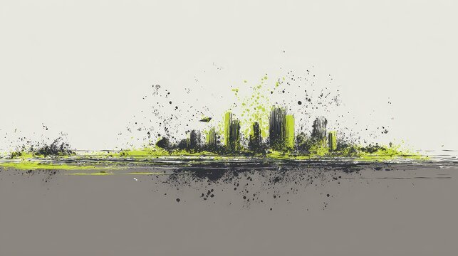 Abstract Pixelated Composition With Black and Chartreuse Green Against Neutral Background Featuring a Gray Ground Plane and Scattered Detail