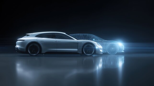 Digital twin concept, a real car and its 3D holographic model side by side