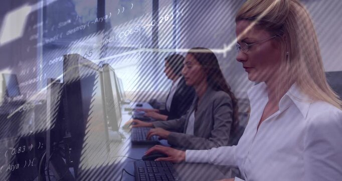 Rightmost woman typing as data initiating charts and code sweeping over monitors for analytics