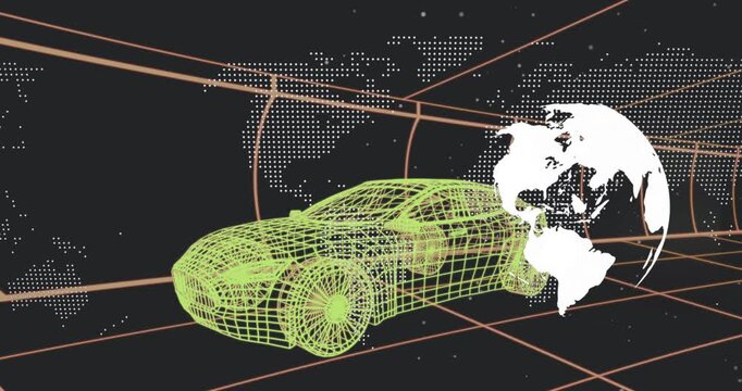 Green wire car holding on grid while globe appearing rotating covering wheel showing maps for tech