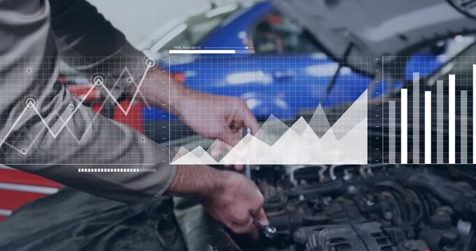 Mechanic turning wrench in auto garage, HUD overlays updating, showing repair progress over engine