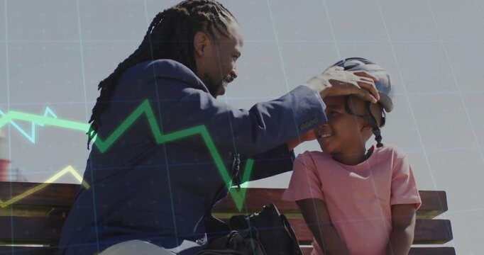 Father taking helmet from bag, fitting child for safety while linegraph overlays moving over heads