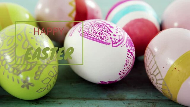 Eggs shifting right on green HAPPY EASTER frame appearing, sliding revealing purple egg celebrating