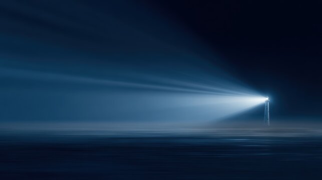 A lighthouse made of digital light beams in a dark blue ocean, Guidance and Vision