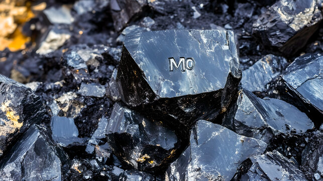 Close up shot of dice made of molybdenum ore. The dice are engraved with the element symbol "Mo" for molybdenum. Showcased strategic mineral resources and industrial clean energy materials.
