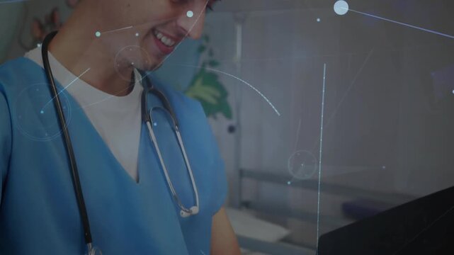 Healthcare worker flipping dark folder in clinic, reviewing circular chart with overlay flare
