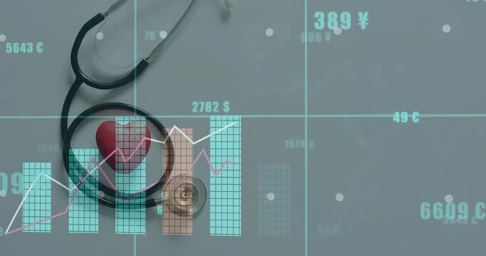 Stethoscope with heart sitting on gray table, charts fading in over loop showing healthcare finance