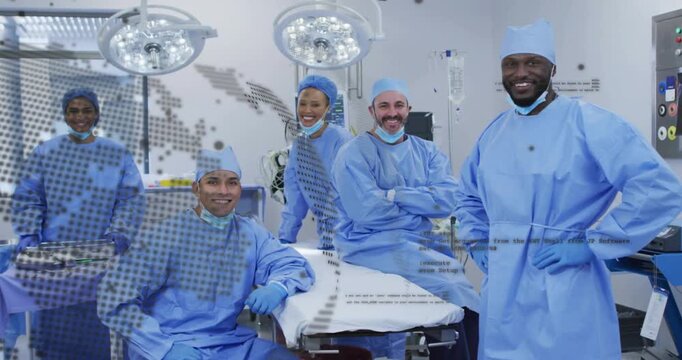 Surgical team posing by gurney under light, dotted globe passing left to right revealing teamwork