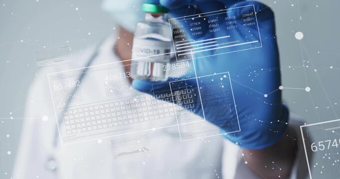 Woman doctor raising gloved vial to camera, HUD aligning with COVID-19 label for clinical analysis