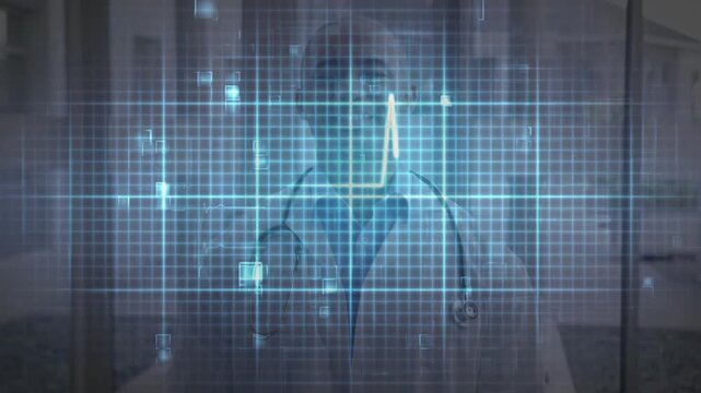 Doctor standing behind medical HUD overlay, heartbeat spike causing grid scan and monitoring vitals