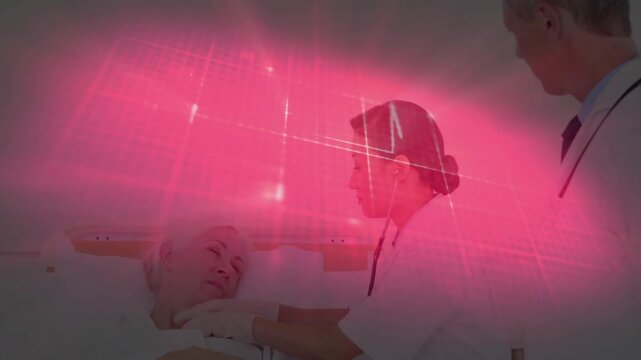 Clinician leaning, placing steth on patient chest, listening, checking vitals as pink ECG moving