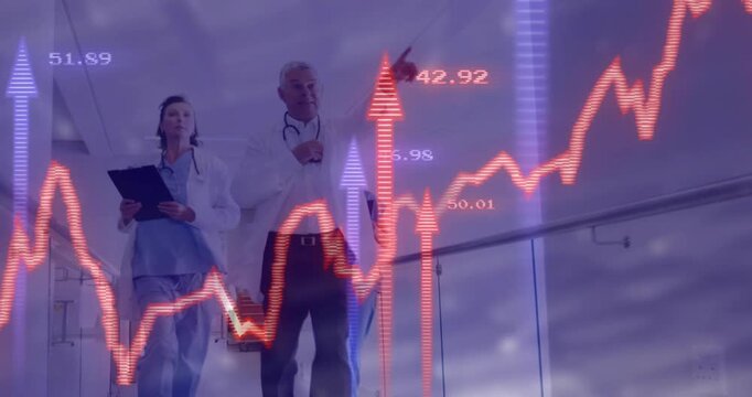 Doctor leading and pointing, team walking and checking notes, health fiscal chart overlaying rising