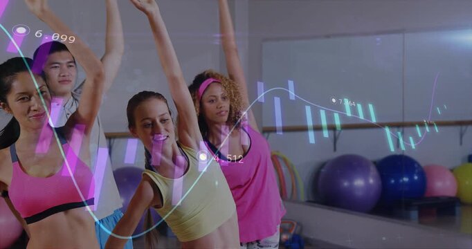 Lead cueing, fitness group warming up side bends to arm lifts while finance charts overlay