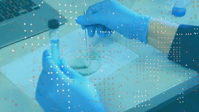 Lab tech prepping liquid sample lowering pipette to dish while dot overlay tracking motion for test