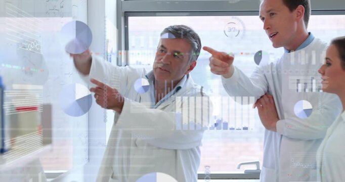 Vertical video: Entering team in lab coats showing reagents at lab shelf, mentoring, data overlays