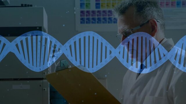Senior lab scientist reading clipboard, checking run, inspecting bench while DNA helix overlaying