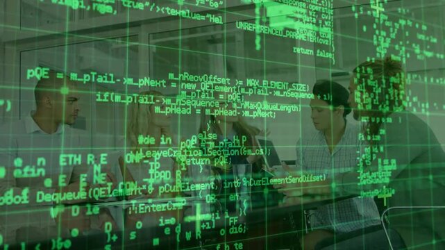 Business team passing tablet at table, green code grid overlay sliding and revealing data to decide