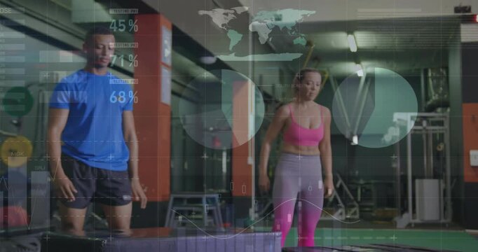 Training duo prepping on boxes, doing jumps, squats, lunges while HUD metrics updating ending back