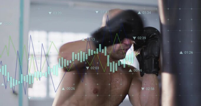 Male athlete starting measured punches in boxing gym, with animated charts tracking workout metrics