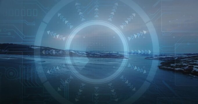 HUD overlay activating at boot, pulsing ring markers and scanning coast for maritime navigation
