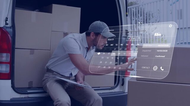 Vertical video: Hologram showing shirted courier marking log reaching panel confirming boxes at van