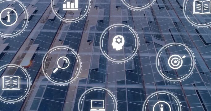 Tilted facade initiating white UI icons appearing drifting pulsing showing search education data