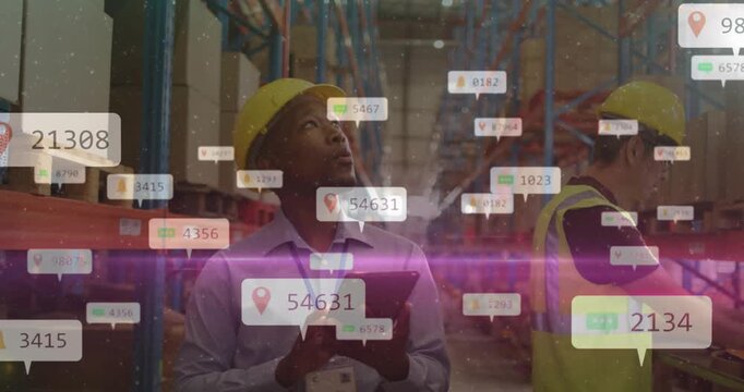 Warehouse inspector scanning racks, AR tags appearing on initial scan, updating stock on tablet