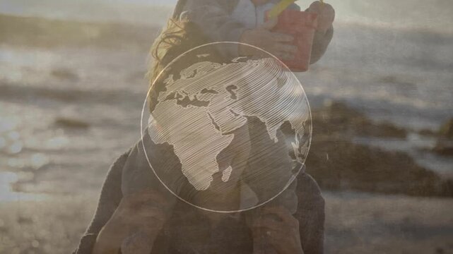 Mom shouldering baby with bucket at shore, sun sparking globe spinning over them promoting travel
