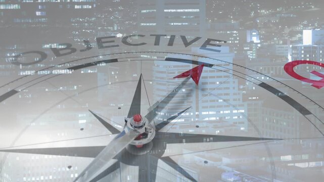 On play, compass needle rotating clockwise over translucent city skyline, aligning toward red GOAL