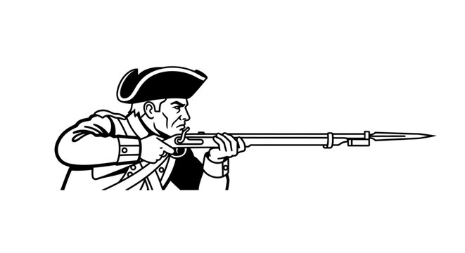 American Revolutionary War soldier aiming a musket with bayonet, historical illustration