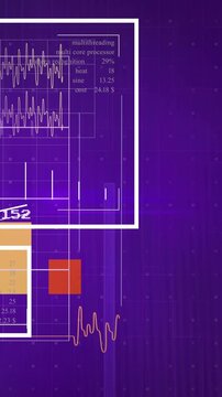 Fading white panels showing oscillating waveform, pulsing bars, orange blocks and metrics on purple